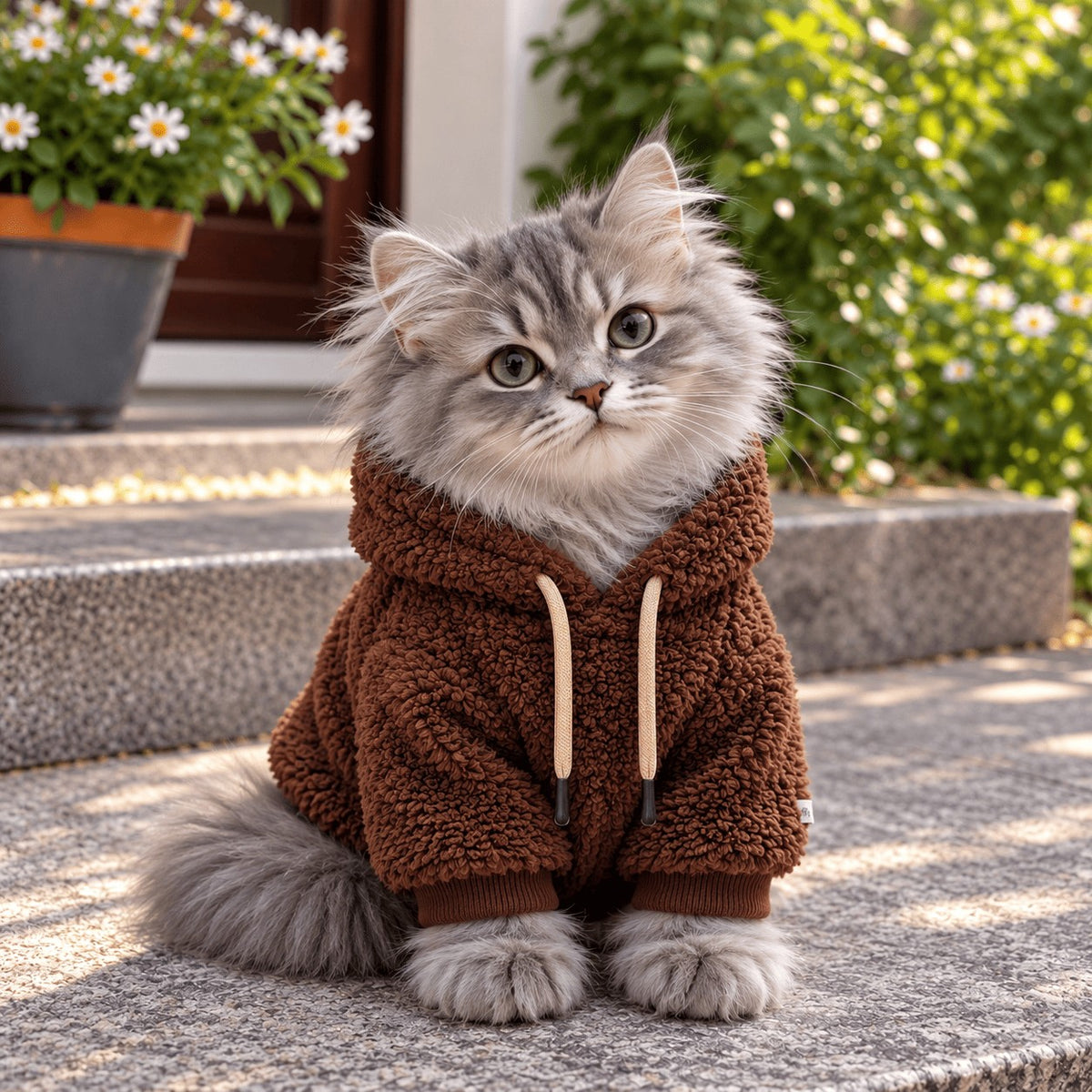 Brown Sherpa Hoodie on a cat