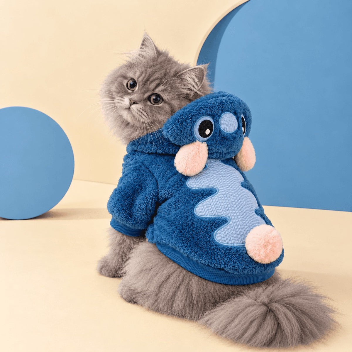 Blue Plush Hoodie on a cat