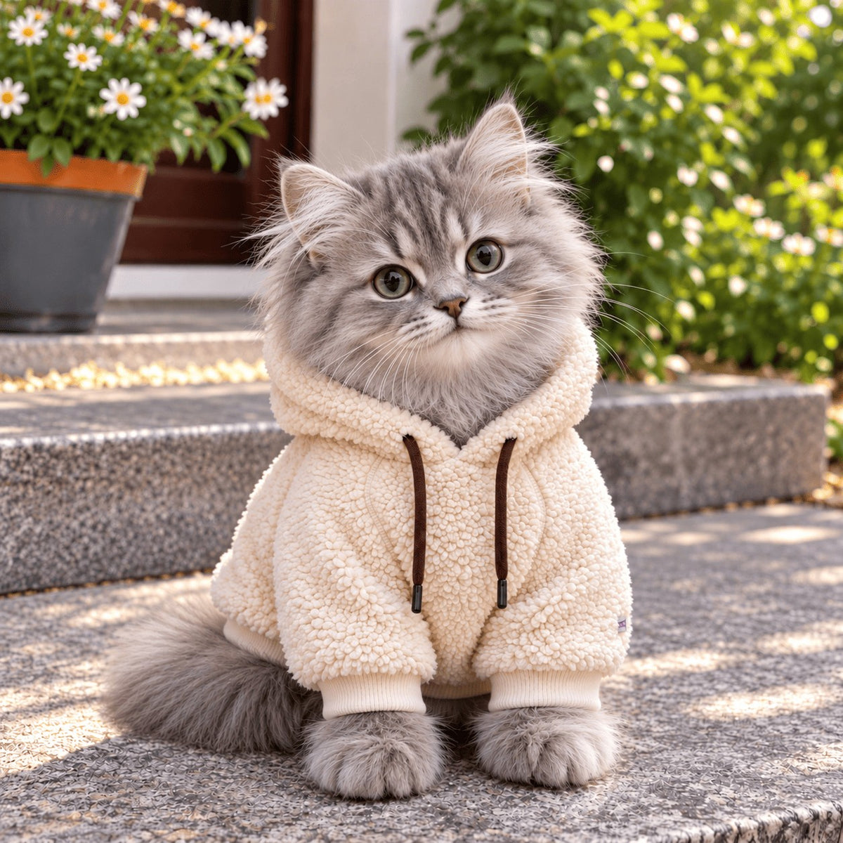Cream Sherpa Hoodie on a cat