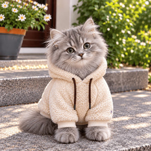 Cream Sherpa Hoodie on a cat